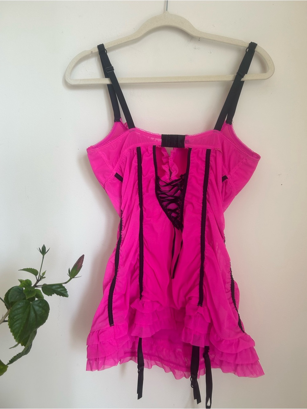Hot Pink Lace-Trim Bustier Chemise with Black Accents - Picture 3 of 4